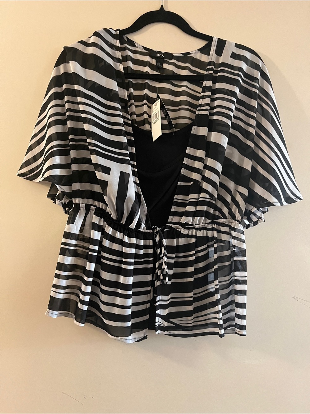 BCX Black & White Striped Sheer Overlay Drawstring Top